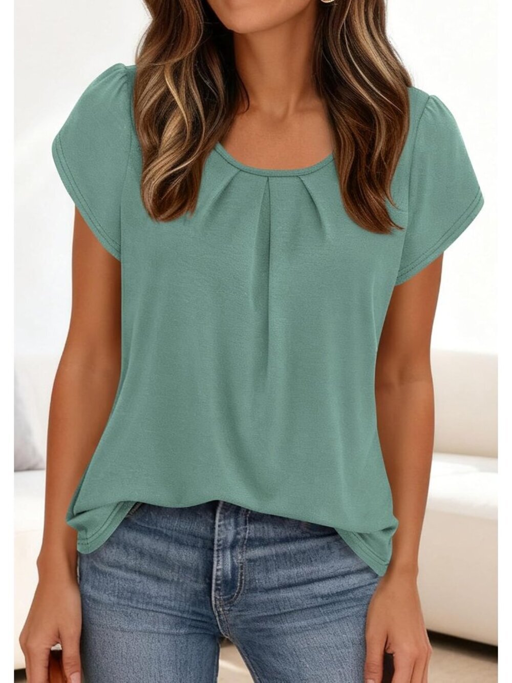 Women's Sage Green Short Sleeve Pull On Crew Neck Casual Tops Imported T Shirts - Picture 6 of 6